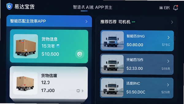 易达宝货主APP的智能匹配功能界面,左侧是货物信息卡片,右侧是推荐的司机列表,界面设计简洁现代,色彩明快,突出智能匹配的效率感。