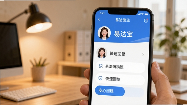 易达宝货主APP的专属客服对话界面,手机屏幕上显示客服头像和快捷回复选项,背景是温馨的办公室环境,整体氛围体现安心与信赖。