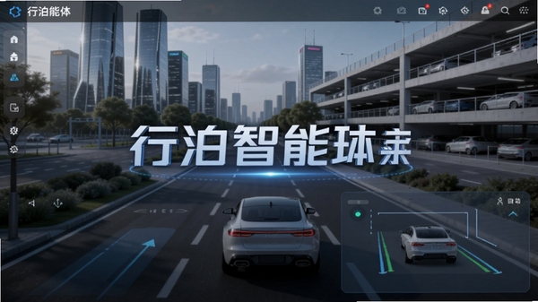行泊智能体软件主界面,展示车辆行驶与自动泊车功能,背景为现代城市道路与停车场,画面中心突出软件名称,风格科技感十足