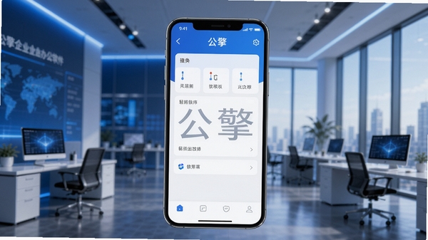 公擎企业办公软件主视觉图,画面中央为手机界面展示公擎应用,背景为现代化办公室场景,蓝色科技色调,界面简洁清晰,突出软件名称“公擎”字样。