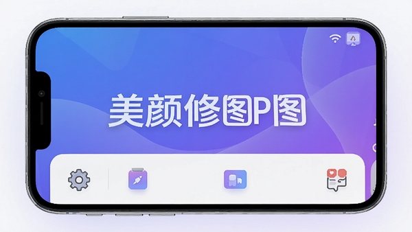美颜修图P图主界面展示,手机屏幕内显示功能布局,背景为渐变蓝紫色调,画面主体突出软件名称,风格现代简约,高清渲染
