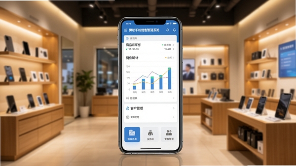 一张智能手机屏幕展示博远手机销售管理系统软件主界面,界面清晰显示商品库存列表、销售统计图表和客户管理入口,背景为现代化的手机专卖店,暖色调灯光,商品陈列整齐,画面通透专业,整体风格写实,突出移动管理的高效便捷