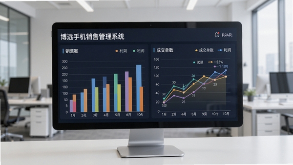 博远手机销售管理系统软件销售数据看板界面,屏幕上显示彩色柱状图和折线图,包含销售额、利润、成交单数等关键指标,背景是办公室场景,手机横屏展示,风格简洁明亮,突出商业数据分析的直观性