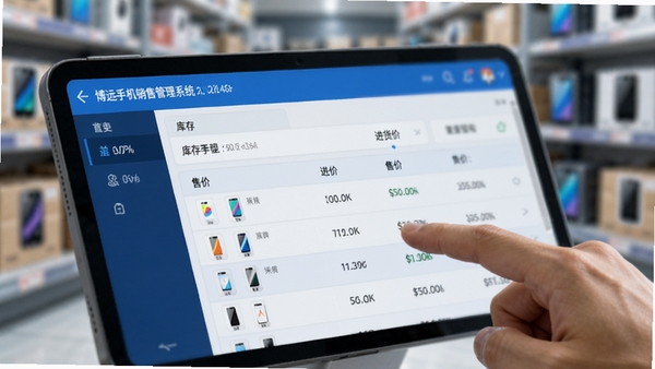博远手机销售管理系统软件进销存功能操作界面特写,画面以列表形式展示多款智能手机的库存数量、进货价和售价,背景虚化处理,前景有手指点击屏幕的动作,突出数据的清晰与操作的便捷,科技感蓝白配色