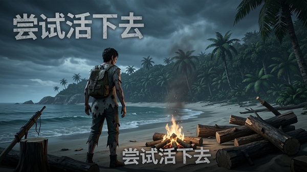 游戏主视觉图,一名衣衫褴褛的幸存者站在荒岛海滩上,远处是茂密丛林和乌云密布的天空,近处有简陋的篝火和砍伐的木材,画面风格写实,色调偏冷,强调孤独与求生氛围,画面中需包含游戏名称“尝试活下去”。
