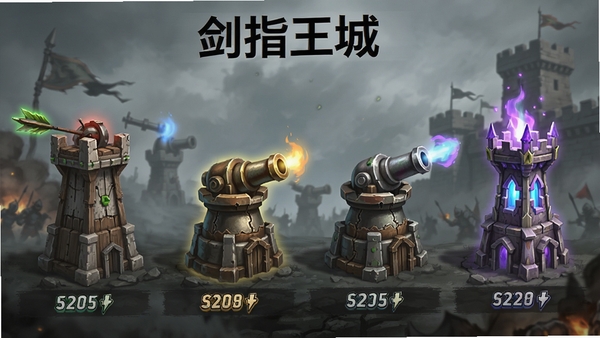 剑指王城防御塔升级展示,多种类型的防御塔排列,箭塔、炮塔、魔法塔各有特色,画面清晰展示塔的造型和升级后的变化,背景为战争迷雾