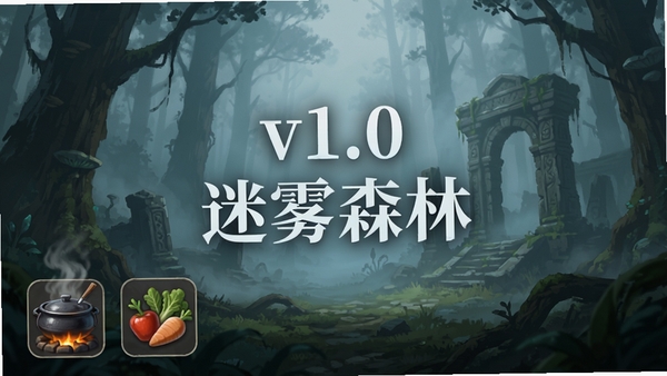 游戏更新内容展示图,画面中央显示“v1.0 迷雾森林”字样,背景是雾气缭绕的森林和神秘的遗迹,画面左下角有新的烹饪锅和食材图标,整体风格神秘而充满探索欲。