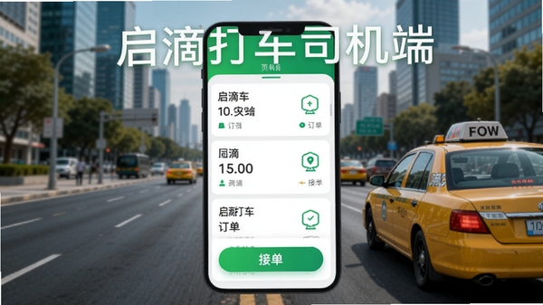 启滴打车司机端主界面预览图,展示清晰的订单列表和接单按钮,背景为城市道路与出租车元素,界面风格简洁现代,绿色调为主,整体明亮,突出软件名称“启滴打车司机端”字样,适配Boogu模型生成。