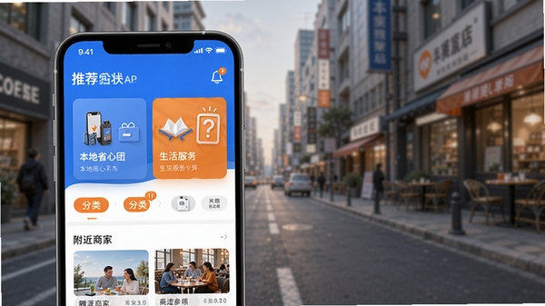 本地省心团APP主界面预览图,展示首页推荐、分类导航、附近商家列表,背景为城市街景,前景为手机屏幕特写,界面清晰明亮,色彩活泼,突出生活服务聚合平台的便捷性,UI设计现代,符合移动端扁平化风格,整体色调以蓝色和橙色为主,光线柔和,细节丰富,适合软件介绍页使用