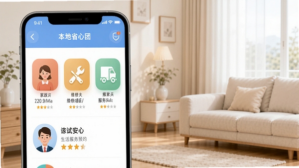 本地省心团APP生活服务预约界面,展示家政、维修、搬家等服务图标,带有服务人员信息与评分,背景为干净整洁的房间一角,突出实用与安心,界面简洁,色彩柔和,图标形象生动,整体风格温馨