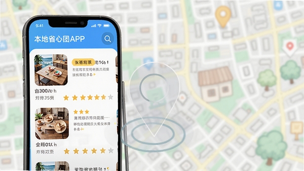 本地省心团APP智能推荐功能演示图,手机屏幕显示附近商家列表,带有距离标签和评分星级,背景为模糊的街道地图,突出定位与推荐逻辑,界面简洁,色彩明快,图标圆润,整体风格清新自然