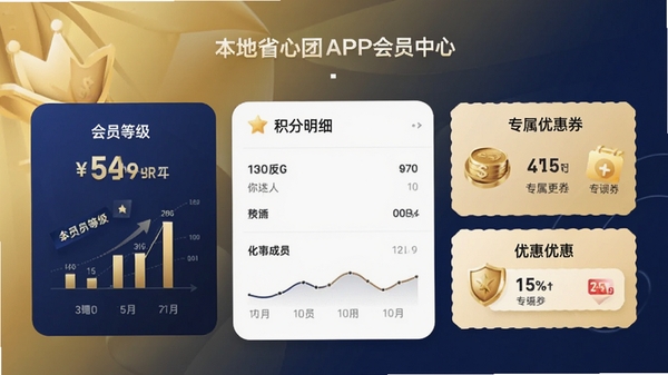 本地省心团APP会员中心页面,展示会员等级、积分明细和专属优惠券,背景为金色与深蓝渐变,突出尊贵感,界面精致,卡片式设计,数据可视化图表,整体风格高端大气