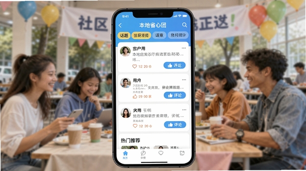 本地省心团APP社区互动页面,展示用户帖子列表、点赞评论按钮,背景为模糊的社区活动照片,突出交流与分享,界面有话题标签和热门推荐,色彩明亮,风格轻松活泼