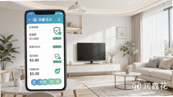 润鑫花智能缴费功能演示图,手机界面显示水电燃气缴费列表,包含金额和缴费状态标签,背景为干净明亮的室内场景,强调快捷和安全,图片中可看到润鑫花logo水印