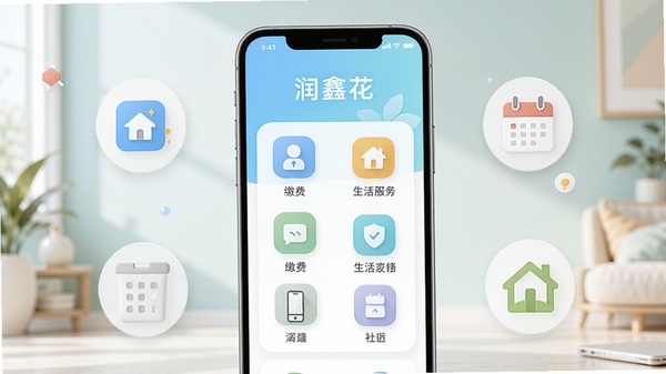 润鑫花生活服务应用主界面预览图,展示首页功能图标布局,背景为现代简约风格,色彩柔和明亮,突出软件名称润鑫花,主体为手机屏幕界面,周围配以生活元素如缴费、日历、社区图标,整体风格清晰友好