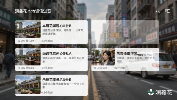 润鑫花本地资讯浏览界面,屏幕展示多条新闻摘要卡片,配有缩略图和发布时间,背景为模糊的城市街景,色彩自然,突显资讯的本地化和多样性,润鑫花品牌标识位于屏幕角落