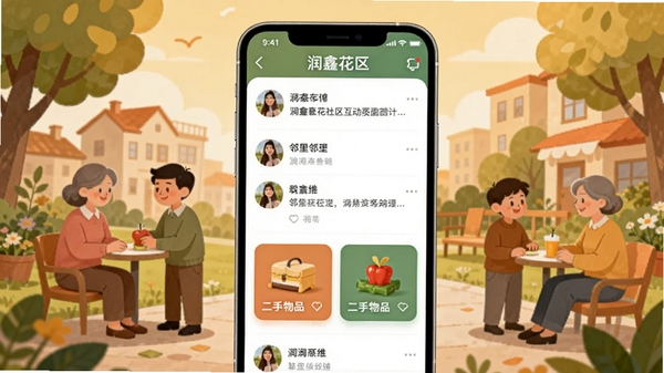 润鑫花社区互动界面,手机屏幕展示用户帖子列表和二手物品卡片,背景为温馨的社区场景插画,色调温暖,突出邻里交流氛围,润鑫花APP界面位于视觉中心