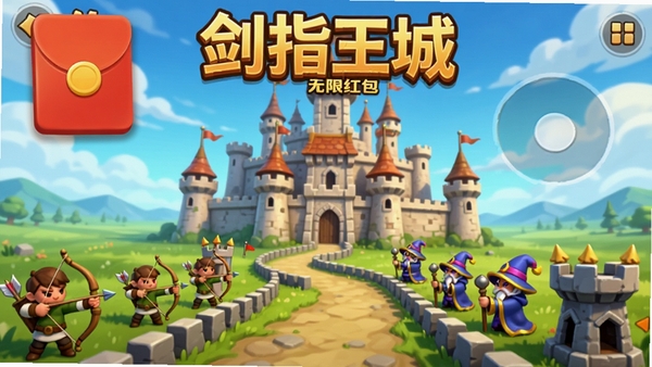 剑指王城(无限红包免费版)游戏主界面预览图,展示一座宏伟的中世纪城堡坐落在画面中央,城堡前方有蜿蜒的防御路径,两侧排列着弓箭手、法师等Q版防御塔,背景是蓝天白云下的广袤草原,画面左上角有醒目的红包图标,整体风格明亮卡通,UI布局清晰,竖版手机游戏画面