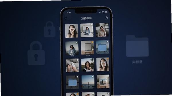 隐私相册加密主界面预览图,手机屏幕上显示加密相册的缩略图网格,背景是深蓝色渐变,带有锁形图标和文件夹,整体风格简洁现代,高清渲染