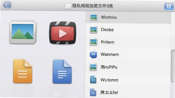 隐私相册加密文件分类界面,显示图片、视频、文档等彩色图标,中间是文件列表,背景为浅灰色,界面清爽,图标拟物化设计