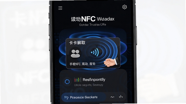 �ֻ�NFC��ȡ����������Ԥ��ͼ��չʾ��Ƭ��ȡ�ɹ������Ϣ����ҳ�棬����Ϊ��ɫ�Ƽ���UI���棬�м���ʾһ��ģ���Ž����Ķ�̬����Ч�����������ִ���࣬ͻ��NFC����ͨѶ����