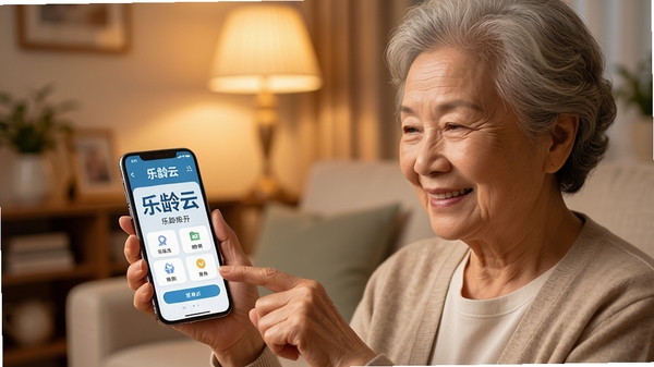 乐龄云主界面展示,一位老人正微笑着使用手机上的乐龄云应用,界面字体大而清晰,背景为温馨的家庭客厅,暖色调光线,人物动作自然,突出应用的易用性和关怀感