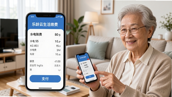 乐龄云生活缴费功能界面,手机屏幕显示水电费账单和支付按钮,背景为整洁的客厅,一位老人拿着手机正在操作,表情轻松