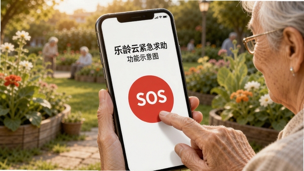 乐龄云紧急求助功能示意图,手机界面显示醒目的SOS按钮,一位老人手指轻触屏幕,背景为社区花园,画面温馨且强调安全感