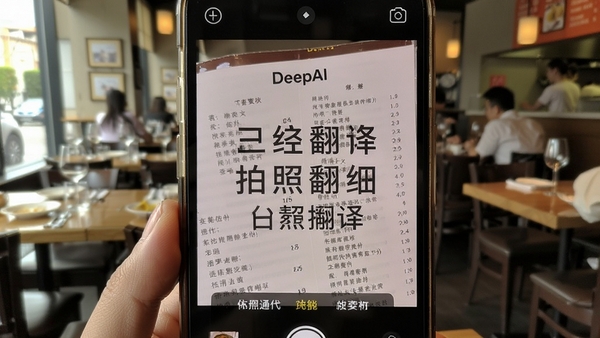DeepAI翻译通拍照翻译功能,手机摄像头对准一张带有外文的菜单,屏幕上叠加显示翻译后的中文文字,背景为餐厅环境虚化,画面清晰、光线自然,突出识别与翻译的准确性