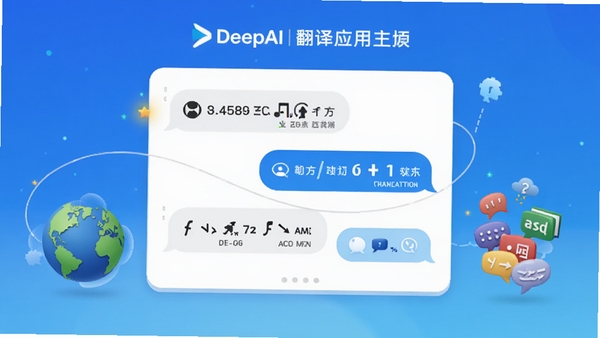 DeepAI翻译通应用主界面,展示多语言互译功能,背景为渐变蓝色,前景为简洁的对话式翻译卡片,两侧有微缩的地球与语言符号,整体风格现代、明亮,居中构图,适合软件下载站头图