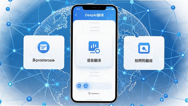 DeepAI翻译通 最新版功能示意图,展示多语言翻译、语音翻译、拍照翻译等核心功能模块,以手机界面为视觉中心,背景为地球脉络与网络节点,色调以蓝白为主,富有科技感,画面干净、信息清晰