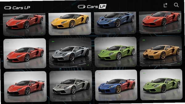 Cars LP应用图库界面,手机屏幕上显示网格状排列的各种颜色和型号的超级跑车高清壁纸缩略图,背景为深色科技感纹理,界面简洁,突出Cars LP品牌标识,画面清晰明亮。