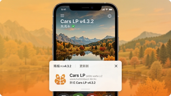 Cars LP v4.3.2版本更新界面概念图,背景为现代智能手机展示新增加的秋季风景动态壁纸,界面下方有版本号与更新日志的弹窗设计,风格简洁明快,色彩温暖明亮,突出新功能的视觉体验。