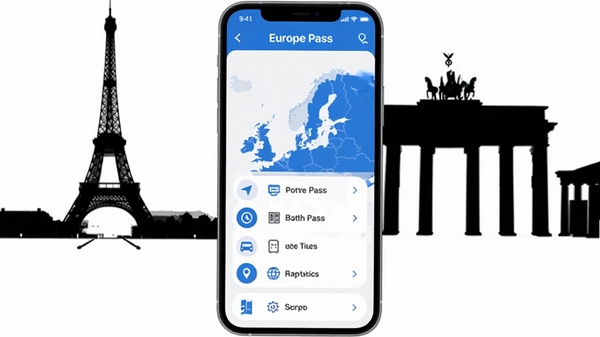 Europe Pass 应用主界面预览图,手机屏幕展示欧洲地图与通行指南功能列表,背景为巴黎埃菲尔铁塔与柏林勃兰登堡门剪影,整体风格简约现代,蓝白配色,画面清晰明亮,突出软件核心导航功能