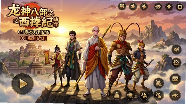 龙神八部之西行纪(0.1零本万利648)游戏主界面预览图,画面中央是主角团唐三藏、孙悟空等角色站立在云雾缭绕的山巅,背景是夕阳下的古城与远山,整体风格为日系动漫风,色彩鲜艳明亮,角色立绘精细,UI布局清晰,突出游戏名称与0.1折福利标识