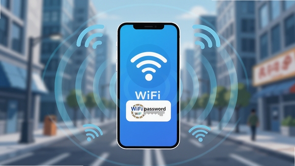 在现代化的城市街道背景中,一部智能手机屏幕显示WiFi密码钥匙应用界面,界面风格简洁清爽,主色调为蓝色和白色,手机周围环绕着柔和的光波和WiFi信号图标,象征着快速连接和网络覆盖,画面主体突出,光线明亮,背景虚化处理,整体为科技感十足的扁平插画风格