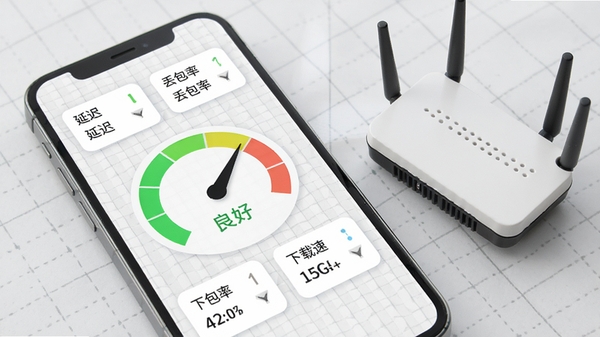 WiFi密码钥匙的网络体检功能界面截图风格展示,手机屏幕显示圆形仪表盘,指针指向“良好”区域,周围分布着延迟、丢包率、下载速度等数据卡片,背景为浅灰色网格纸纹理,手机旁放置一个小型路由器模型,整体色调清新明亮,编辑风格写实