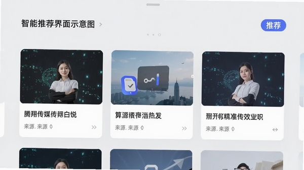 腾翔传媒智能推荐界面示意图,展示个性化内容流,包含图片、标题和来源标签,右上角有“推荐”标识,背景为浅灰色,卡片式布局,体现算法精准推送的特点,画面清晰,风格简约。