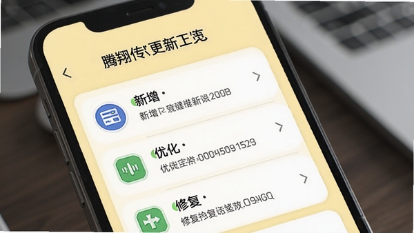 腾翔传媒更新日志预览图,展示手机屏幕上的版本更新说明,包含新增、优化、修复的条目,背景为浅黄色,文字清晰,图标简洁,体现版本迭代与功能改进。