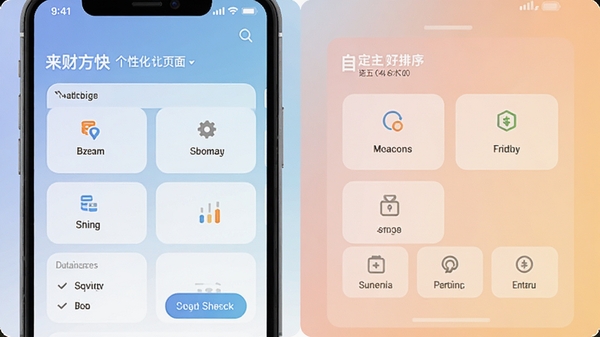 来财方快个性化设置页面,展示可拖拽调整的功能模块和自定义排序选项,背景为柔和的渐变色,模拟手机操作界面,强调软件的灵活性和用户自主性