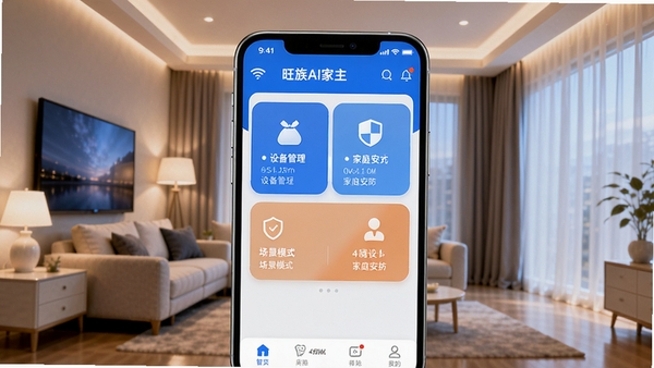 旺族AI家主界面预览图,画面中央是手机APP界面,背景是温馨明亮的现代客厅,智能灯光与窗帘联动,界面显示设备管理、场景模式、家庭安防三大核心功能卡片,整体色调为科技蓝与暖白搭配,风格简洁现代