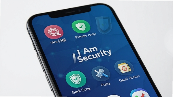 一张智能手机屏幕显示I Am Security主界面的高清图片,界面清晰展示病毒扫描、隐私保护、垃圾清理等核心功能图标,背景为深蓝色科技感渐变,整体风格简洁现代,画面中心突出软件名称I Am Security,光线明亮,细节丰富,适合软件下载站展示