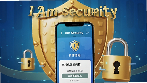一幅展示I Am Security最新版本功能的宣传图,画面中央是手机屏幕显示新增的支付保险箱功能,背景有金色盾牌和锁头装饰,整体风格高端大气,突出软件名称I Am Security,色彩鲜艳,细节丰富
