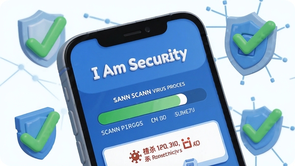 一幅展示I Am Security病毒扫描过程的插画,手机屏幕显示扫描进度条和已查杀病毒数量,背景有盾牌和绿色对勾图标,整体风格明亮清晰,突出软件名称I Am Security,画面细节丰富,色彩鲜明
