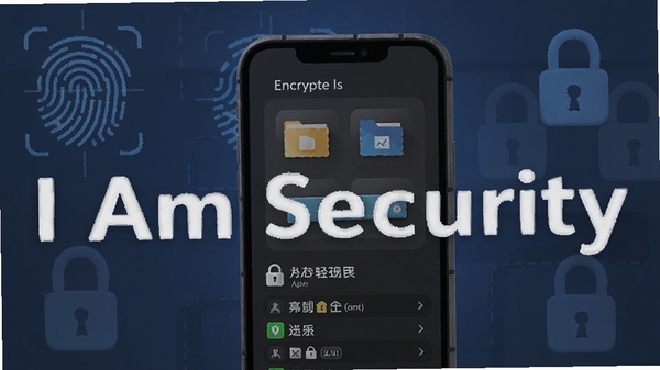 一张展示I Am Security隐私保险箱功能的示意图,手机屏幕显示加密文件夹和应用锁列表,背景有指纹和锁头图标,整体风格科技感强,突出软件名称I Am Security,画面简洁明了