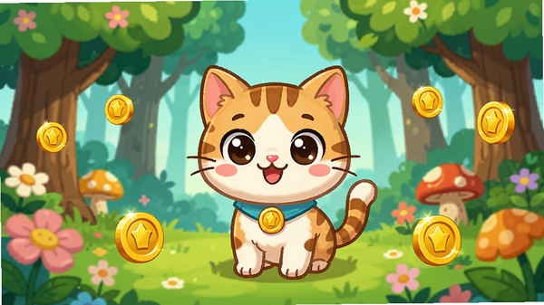 萌猫大冒险游戏整体预览图,画面中央是一只可爱的卡通猫咪角色,周围是色彩明亮的森林背景,有树木、花朵和金币元素,整体风格清新活泼,适合作为游戏宣传图