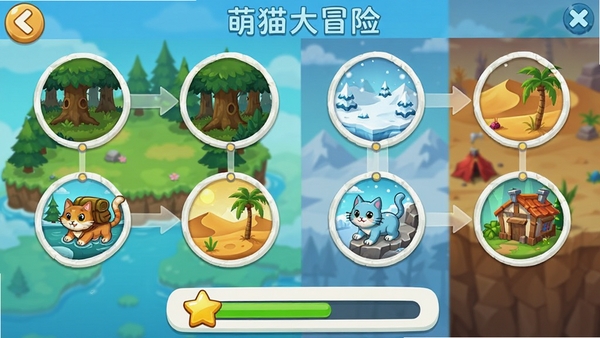 萌猫大冒险关卡选择界面示意图,展示不同主题世界的地图节点,有森林、雪原、沙漠等图标,界面下方显示星星收集进度,整体风格明亮清晰