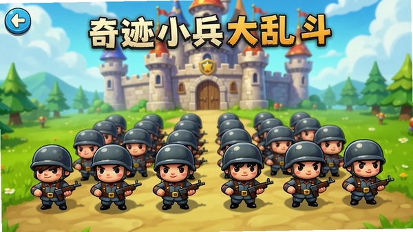 奇迹小兵大乱斗游戏主界面预览图,画面中央是Q版士兵列阵,背景为奇幻城堡与草地,色彩明亮鲜艳,整体风格卡通可爱,适合作为游戏宣传图