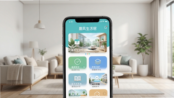 晨风生活APP主界面预览图,展示首页功能卡片布局,背景为现代简约客厅,色调明亮清新,软件名称晨风生活居中显示,整体风格写实自然
