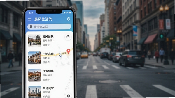 晨风生活周边服务地图页面截图,手机展示附近商家列表与地图标记,背景为模糊的城市街道实景,突出软件名称晨风生活的定位搜索功能